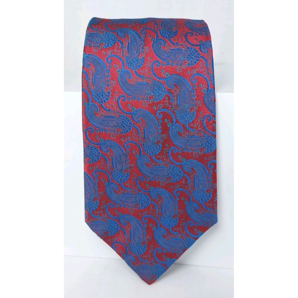 Tommy Hilfiger Mens Necktie Red Blue Paisley Tie with Blue Accent 4"x58"